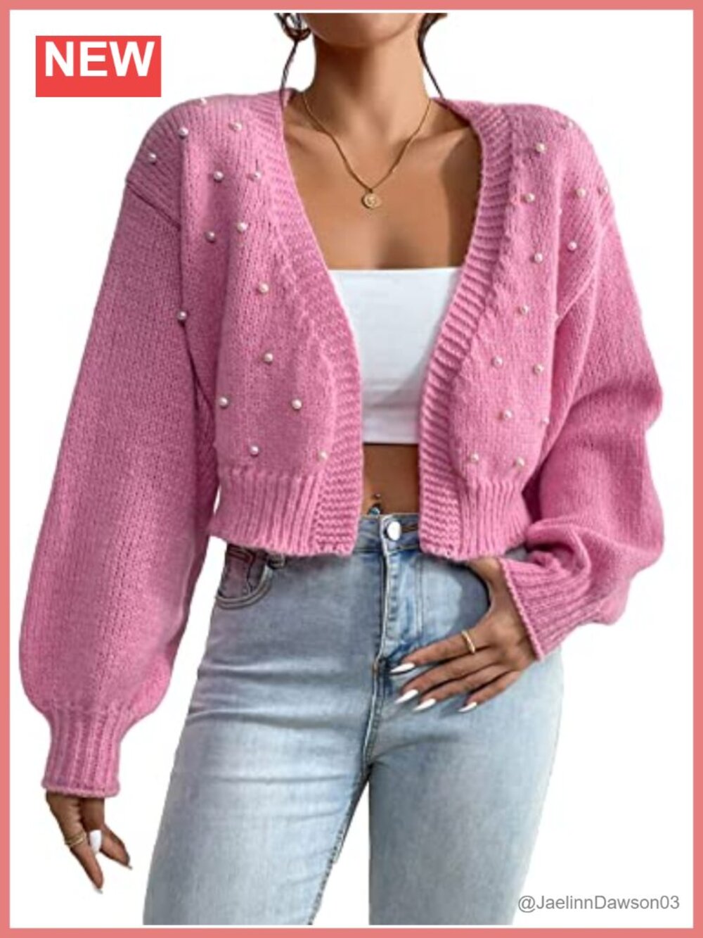 Pearl Beaded Open Front Cropped Cardigan Drop Shoulder V Neck Sweater